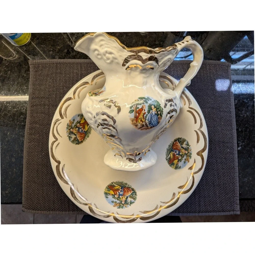 Vintage Ceramic Pitcher Basin Set Victorian Courting Scene 22K Gold Trim